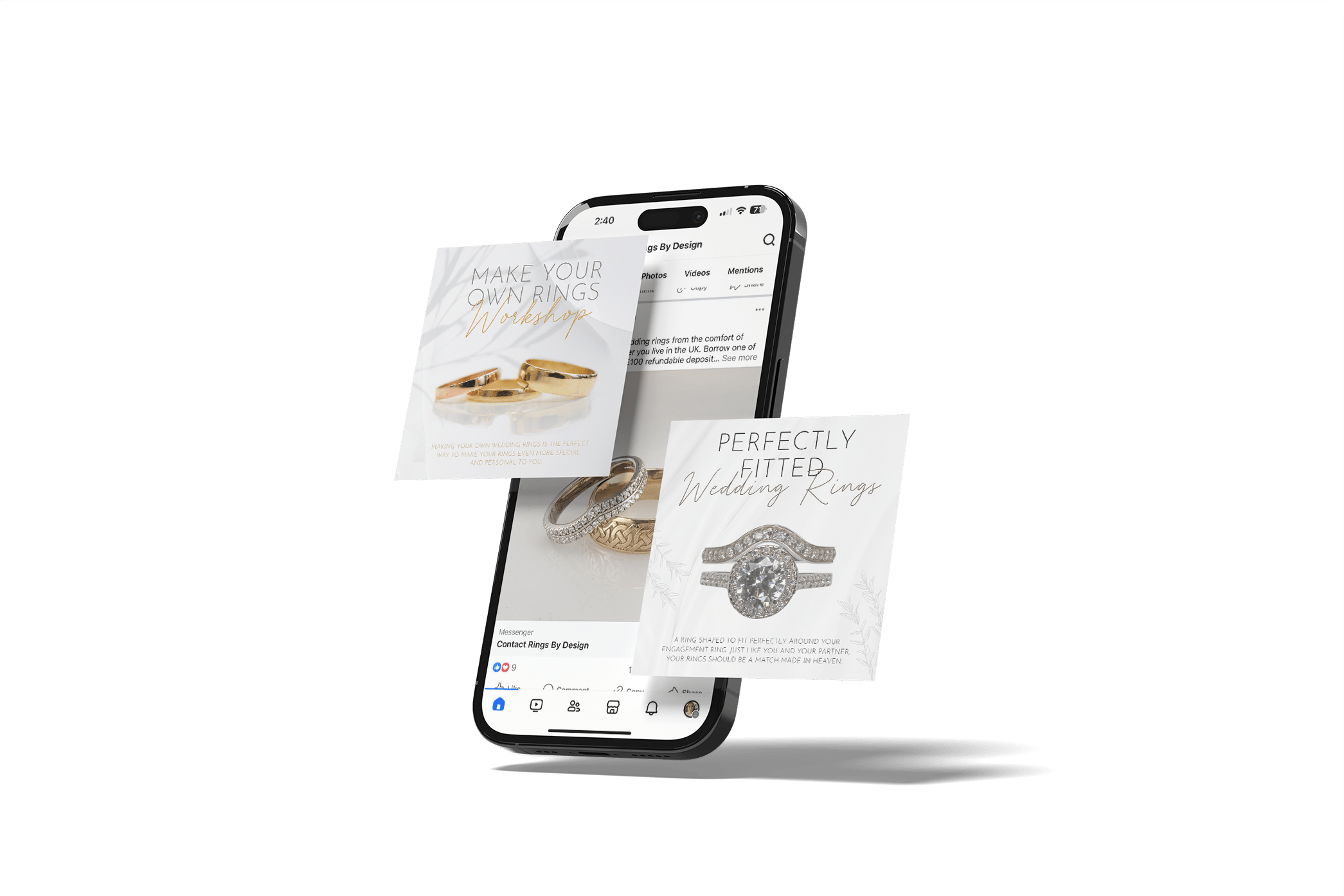 Groomers World's social media marketing posts with a phone on an orange blob background