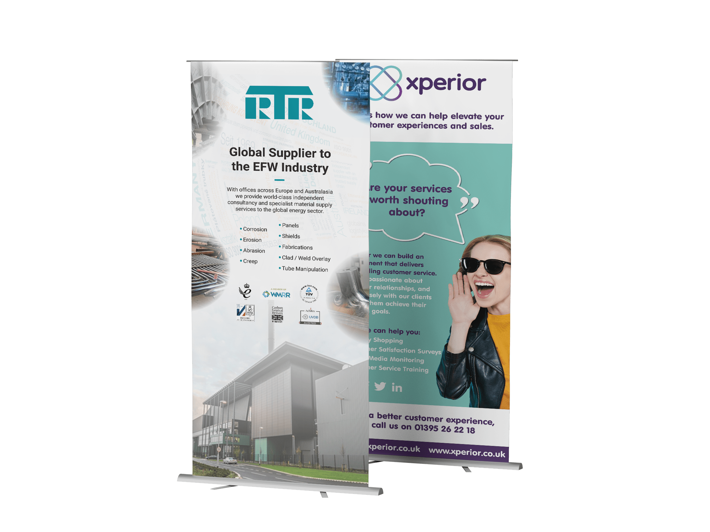 Three exhibition stands on a red blob background