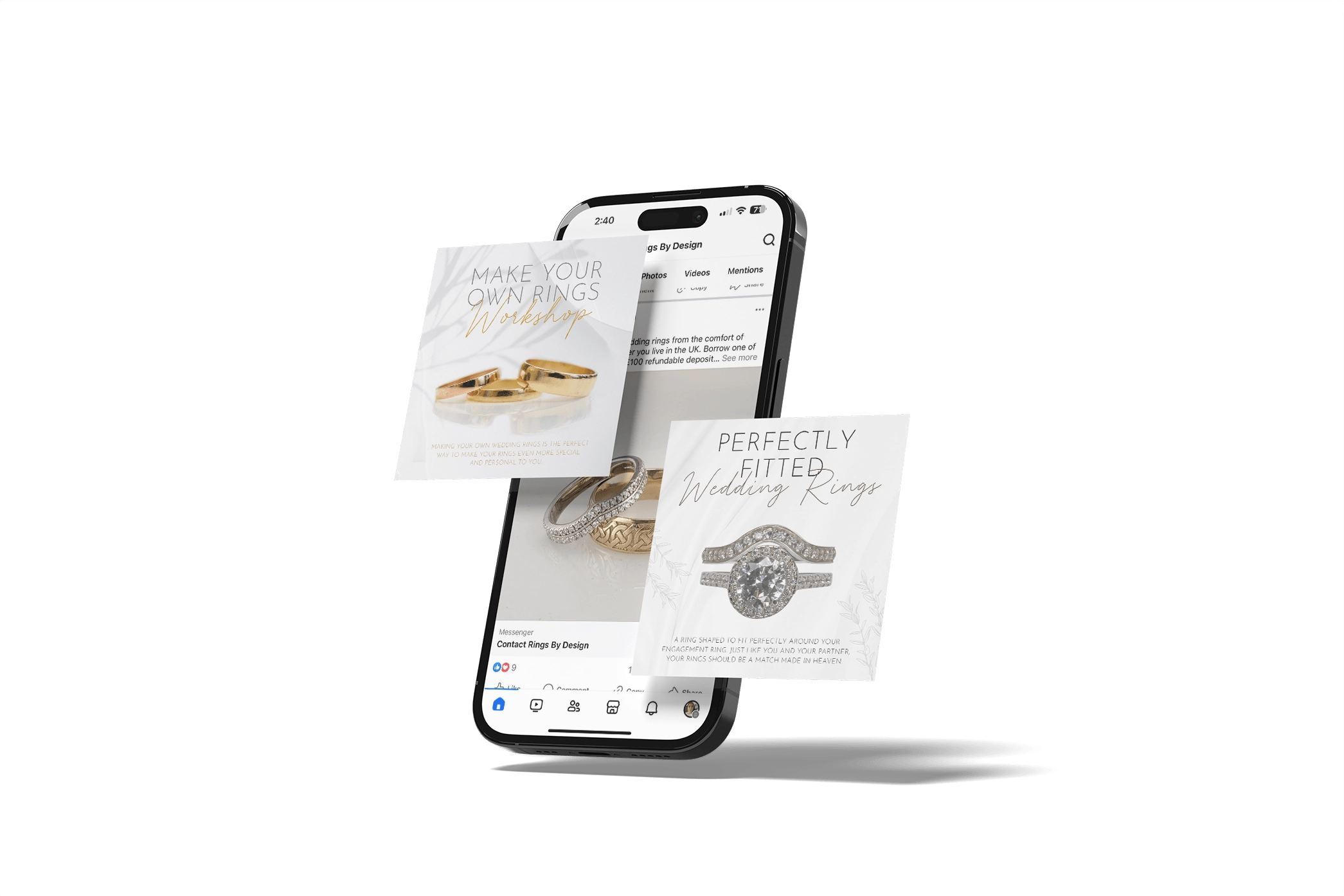 Groomers World's social media marketing posts with a phone on an orange blob background