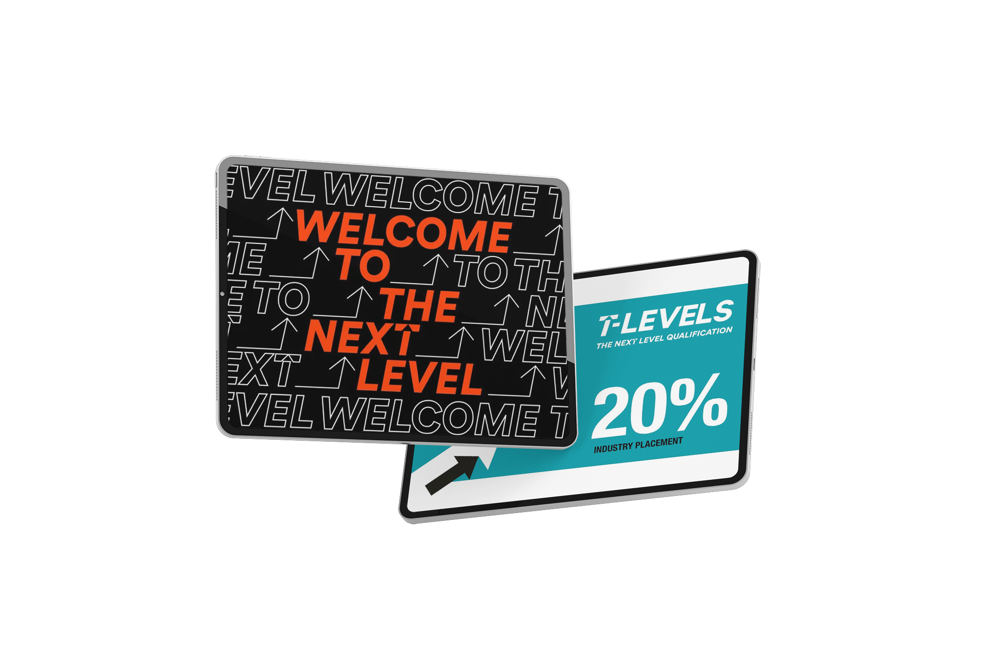 t level - mobile T-Levels logo and student on a tablet with a purple blob background